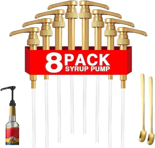 Main image of Premium 8 Pack Gold Coffee Syrup Pump Dispenser for 750ml Bottles | Fits 25.4 Oz Flavoring Syrup Bottles, No Dripping, Great For Home & Coffee Bar Drinking Mixes,Tea,Beverage, Plus 5.23" Spoons