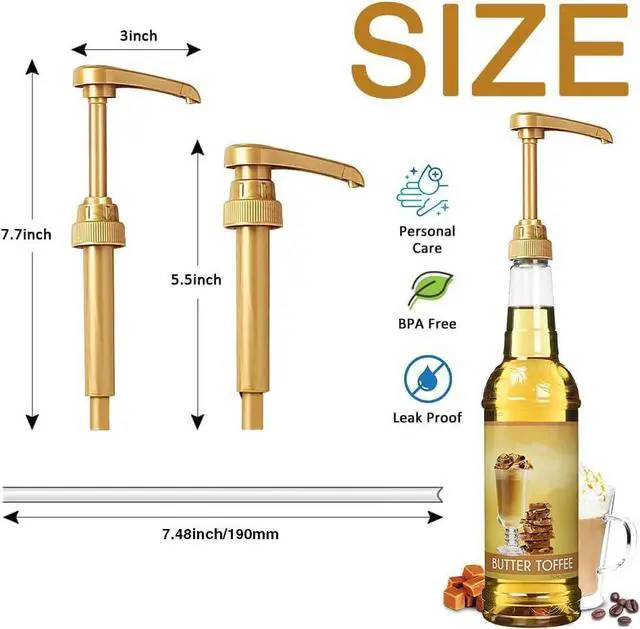 Alt view image 4 of 7 - Premium 8 Pack Gold Coffee Syrup Pump Dispenser for 750ml Bottles | Fits 25.4 Oz Flavoring Syrup Bottles, No Dripping, Great For Home & Coffee Bar Drinking Mixes,Tea,Beverage, Plus 5.23" Spoons