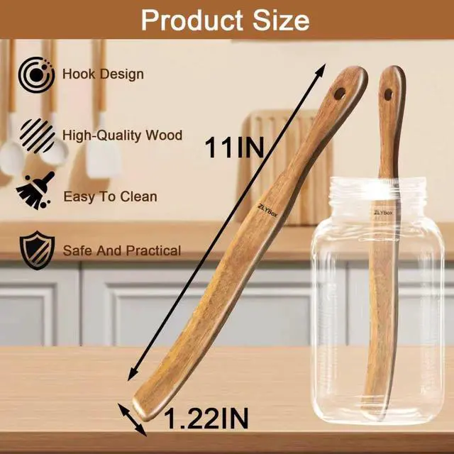 Alt view image 4 of 7 - 2Pcs Wooden Spurtle for Sourdough Starter, Mixing, Reaching Bottom of Jar, Dough Whisk, Long Handle Spatula, Kitchen Tools for NonStick Cookware, Baking & Cooking Utensils