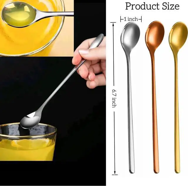 Alt view image 5 of 5 - 3 Color 6.7-Inch Coffee Spoon Set, Long Handle metal Stirring Spoons Teaspoon, Gold Silver Stainless Steel Small Teaspoons, for Cocktails, Iced Tea, Milkshakes, Smoothies, Ice Cream.