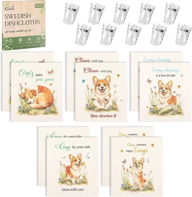 Alt view image 2 of 7 - wlich 10 Pack Swedish Dishcloths, Reusable Kitchen Towels with Clips, Dog | Non-Scratch Kitchen Towels and Dishcloths Sets, Washable Swedish Dish Cloths with Clips, for Dishes, Counters, Glass, Sink
