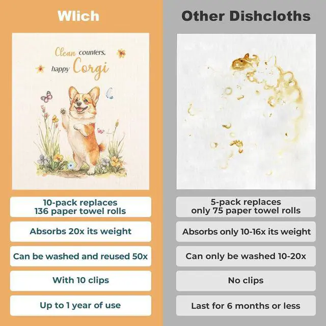 Alt view image 4 of 7 - wlich 10 Pack Swedish Dishcloths, Reusable Kitchen Towels with Clips, Dog | Non-Scratch Kitchen Towels and Dishcloths Sets, Washable Swedish Dish Cloths with Clips, for Dishes, Counters, Glass, Sink