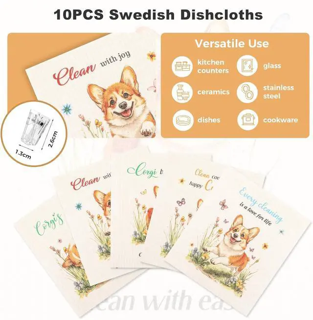 Alt view image 5 of 7 - wlich 10 Pack Swedish Dishcloths, Reusable Kitchen Towels with Clips, Dog | Non-Scratch Kitchen Towels and Dishcloths Sets, Washable Swedish Dish Cloths with Clips, for Dishes, Counters, Glass, Sink