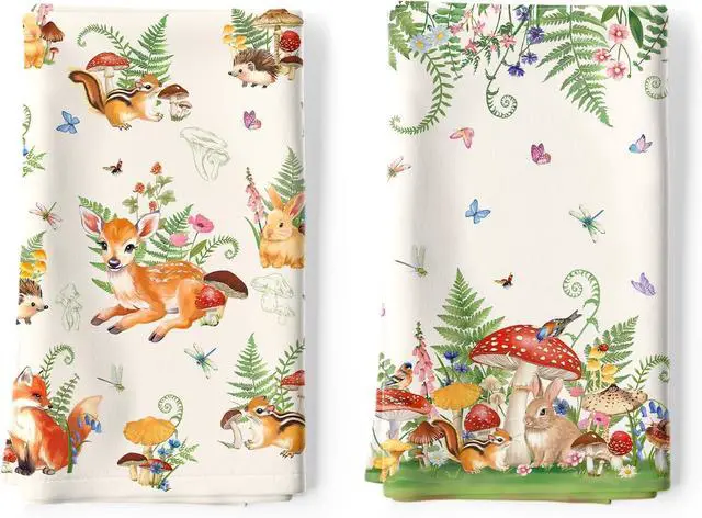 Main image of Mushroom Deer Tea Towels, 100% Cotton Kitchen Towels, Set of 2 | 18.9 x 27.5 in / 48 x 70 cm, Lightweight Woven Dish Cloth with Mushroom Deer Print for Kitchen Decor, Housewarming Gift