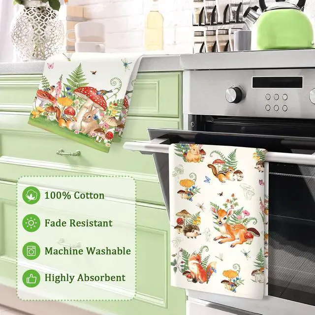 Alt view image 3 of 6 - Mushroom Deer Tea Towels, 100% Cotton Kitchen Towels, Set of 2 | 18.9 x 27.5 in / 48 x 70 cm, Lightweight Woven Dish Cloth with Mushroom Deer Print for Kitchen Decor, Housewarming Gift