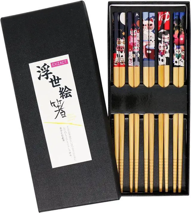 Main image of EXZACT Bamboo Chopsticks Gift Set 5 Pairs Handmade Box Lucky Cat | Natural Bamboo Tableware Gift Box for Sushi Ramen Rice Dumplings and Family Dining Home Japanese Style Fortune Cat