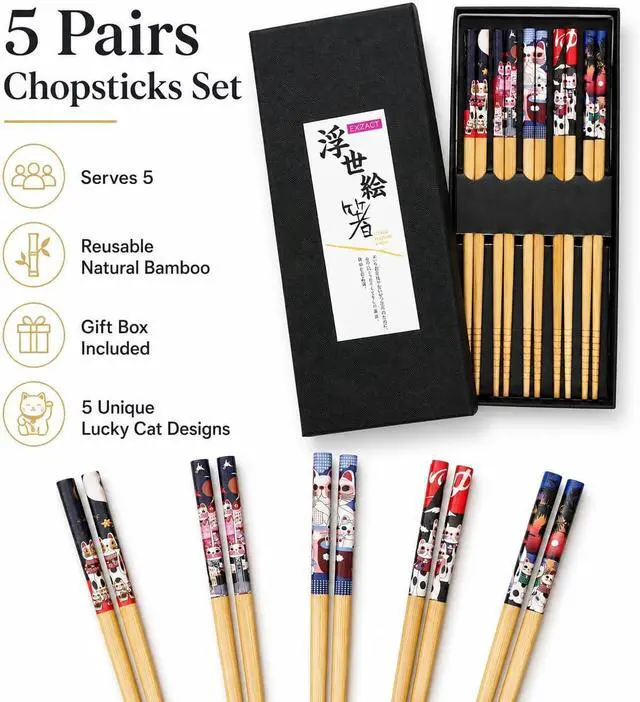 Alt view image 4 of 7 - EXZACT Bamboo Chopsticks Gift Set 5 Pairs Handmade Box Lucky Cat | Natural Bamboo Tableware Gift Box for Sushi Ramen Rice Dumplings and Family Dining Home Japanese Style Fortune Cat