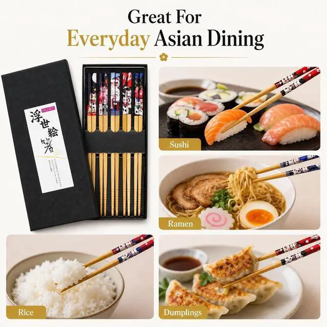 Alt view image 5 of 7 - EXZACT Bamboo Chopsticks Gift Set 5 Pairs Handmade Box Lucky Cat | Natural Bamboo Tableware Gift Box for Sushi Ramen Rice Dumplings and Family Dining Home Japanese Style Fortune Cat