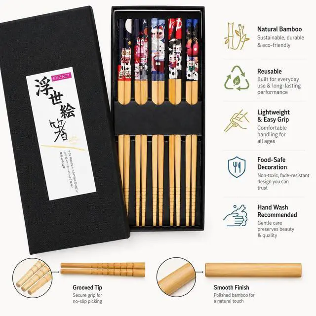 Alt view image 6 of 7 - EXZACT Bamboo Chopsticks Gift Set 5 Pairs Handmade Box Lucky Cat | Natural Bamboo Tableware Gift Box for Sushi Ramen Rice Dumplings and Family Dining Home Japanese Style Fortune Cat