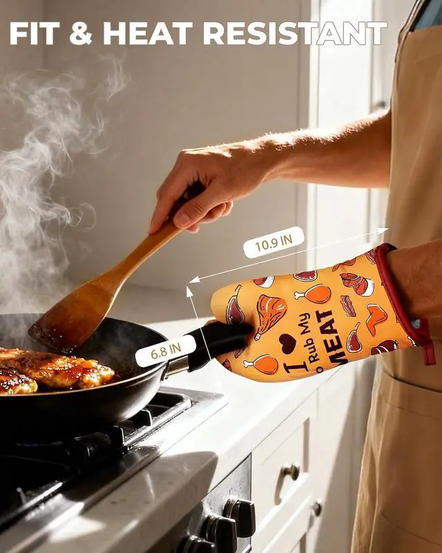 Alt view image 2 of 6 - Slohif Funny Oven Mitt Heat Resistant for Women - 1 Pack Orange Cute Novelty Cool Kitchen Oven Mittens with 100% Cotton for Baking and Cooking Accessories (Meat)