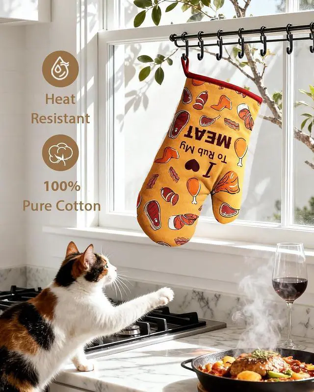 Alt view image 4 of 6 - Slohif Funny Oven Mitt Heat Resistant for Women - 1 Pack Orange Cute Novelty Cool Kitchen Oven Mittens with 100% Cotton for Baking and Cooking Accessories (Meat)