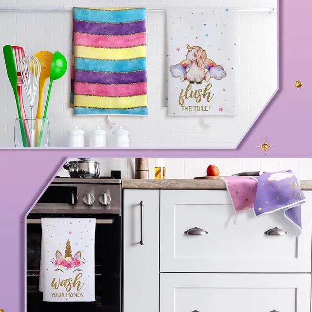 Alt view image 6 of 7 - Bencailor 4 Pcs Unicorn Decorative Kitchen Towels Rainbow Absorbent Towels 24 x 16 Inch Tea Hand Bath Towel Pink Dish Accessories for Kitchen Bathroom Spa Sport Housewarming Home