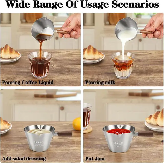 Alt view image 2 of 7 - Mongdio Espresso Measuring Cup, Stainless Steel Espresso Shot Cups with Wooden Handle and Double Spouts, 6.8OZ/200ML, Silver