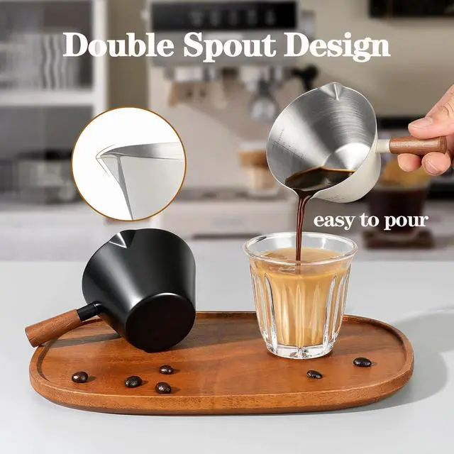 Alt view image 5 of 7 - Mongdio Espresso Measuring Cup, Stainless Steel Espresso Shot Cups with Wooden Handle and Double Spouts, 6.8OZ/200ML, Silver