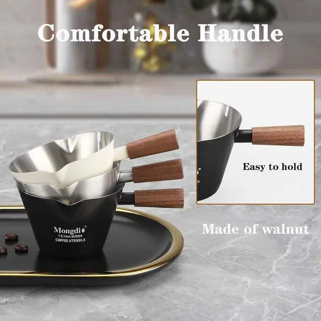 Alt view image 7 of 7 - Mongdio Espresso Measuring Cup, Stainless Steel Espresso Shot Cups with Wooden Handle and Double Spouts, 6.8OZ/200ML, Silver