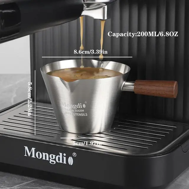 Alt view image 4 of 7 - Mongdio Espresso Measuring Cup, Stainless Steel Espresso Shot Cups with Wooden Handle and Double Spouts, 6.8OZ/200ML, Silver