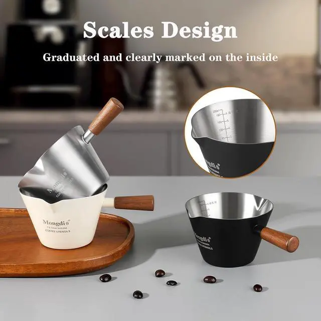 Alt view image 6 of 7 - Mongdio Espresso Measuring Cup, Stainless Steel Espresso Shot Cups with Wooden Handle and Double Spouts, 6.8OZ/200ML, Silver