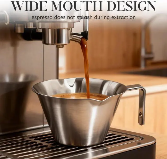 Alt view image 3 of 7 - 1 Pcs Stainless Steel Espresso Cups with Handle, V-Shaped Double Spout & Dual Scale, 3.4OZ/100ML Precision Measuring Shot Glasses (Silver)