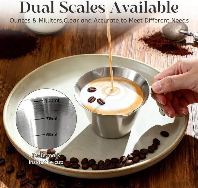 Alt view image 5 of 7 - 1 Pcs Stainless Steel Espresso Cups with Handle, V-Shaped Double Spout & Dual Scale, 3.4OZ/100ML Precision Measuring Shot Glasses (Silver)
