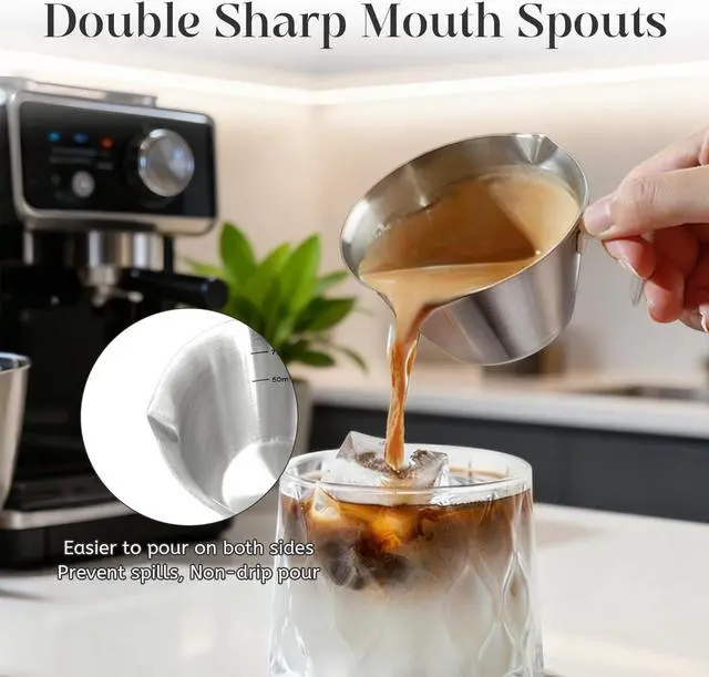 Alt view image 4 of 7 - 1 Pcs Stainless Steel Espresso Cups with Handle, V-Shaped Double Spout & Dual Scale, 3.4OZ/100ML Precision Measuring Shot Glasses (Silver)
