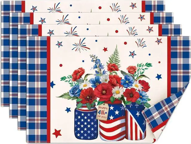 Main image of comfoyar Patriotic 4th of July Memorial Day Placemats Set of 4, 12x18 Inch Non-Slip Linen Independence Day Place Mats, Washable Absorbent Plaid Flower Table Mats for Dining Party Table Decoration