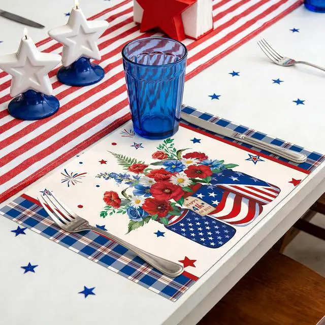 Alt view image 2 of 7 - comfoyar Patriotic 4th of July Memorial Day Placemats Set of 4, 12x18 Inch Non-Slip Linen Independence Day Place Mats, Washable Absorbent Plaid Flower Table Mats for Dining Party Table Decoration