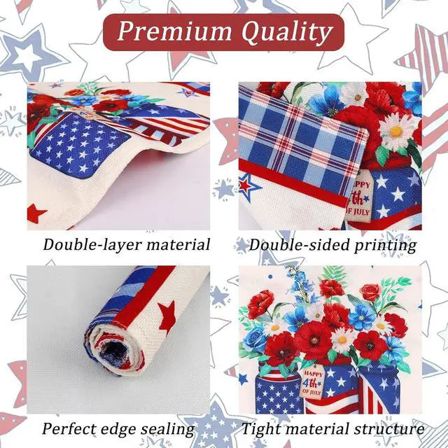 Alt view image 3 of 7 - comfoyar Patriotic 4th of July Memorial Day Placemats Set of 4, 12x18 Inch Non-Slip Linen Independence Day Place Mats, Washable Absorbent Plaid Flower Table Mats for Dining Party Table Decoration