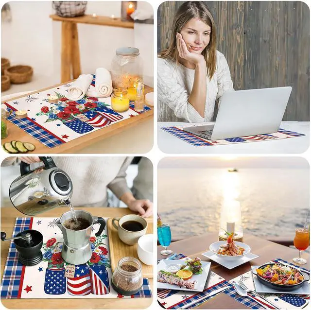 Alt view image 6 of 7 - comfoyar Patriotic 4th of July Memorial Day Placemats Set of 4, 12x18 Inch Non-Slip Linen Independence Day Place Mats, Washable Absorbent Plaid Flower Table Mats for Dining Party Table Decoration