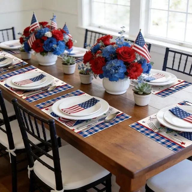 Alt view image 5 of 7 - comfoyar Patriotic 4th of July Memorial Day Placemats Set of 4, 12x18 Inch Non-Slip Linen Independence Day Place Mats, Washable Absorbent Plaid Flower Table Mats for Dining Party Table Decoration