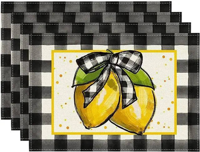 Main image of Artoid Mode Buffalo Plaid Lemon Placemats for Dining Table, 12 x 18 Inch Summer Seasonal Decoration Rustic Washable Table Mats Set of 4