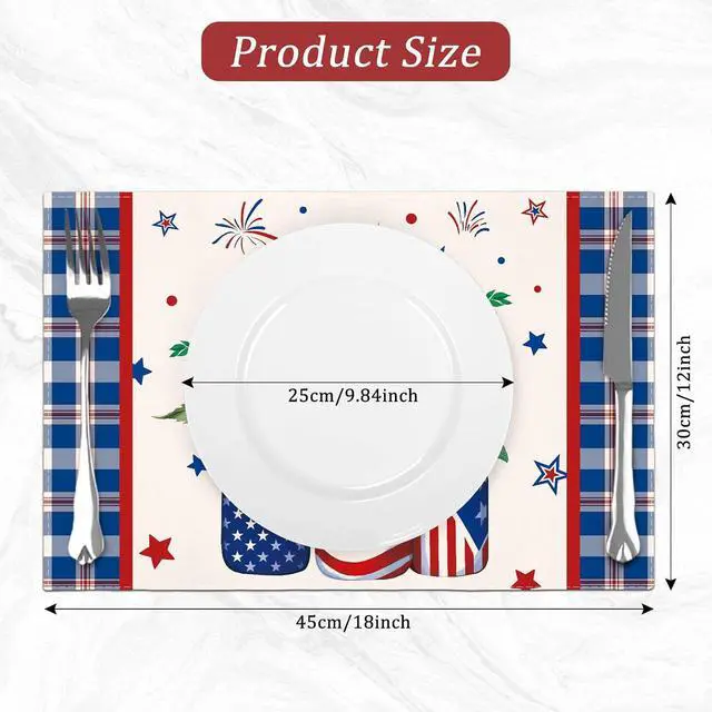 Alt view image 7 of 7 - comfoyar Patriotic 4th of July Memorial Day Placemats Set of 4, 12x18 Inch Non-Slip Linen Independence Day Place Mats, Washable Absorbent Plaid Flower Table Mats for Dining Party Table Decoration