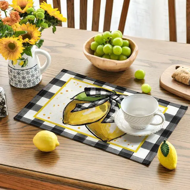 Alt view image 3 of 7 - Artoid Mode Buffalo Plaid Lemon Placemats for Dining Table, 12 x 18 Inch Summer Seasonal Decoration Rustic Washable Table Mats Set of 4