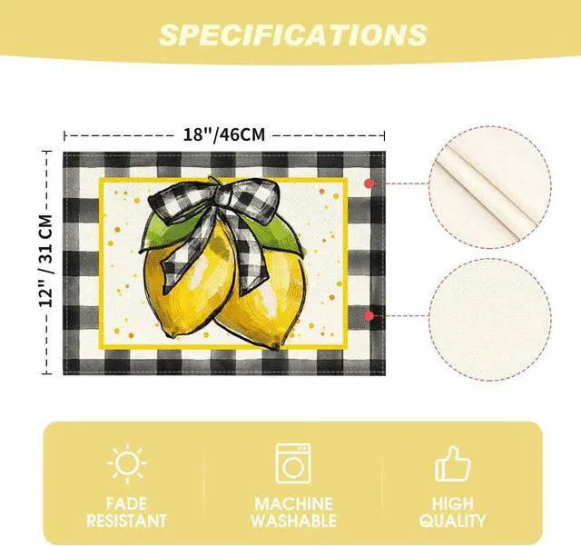 Alt view image 6 of 7 - Artoid Mode Buffalo Plaid Lemon Placemats for Dining Table, 12 x 18 Inch Summer Seasonal Decoration Rustic Washable Table Mats Set of 4