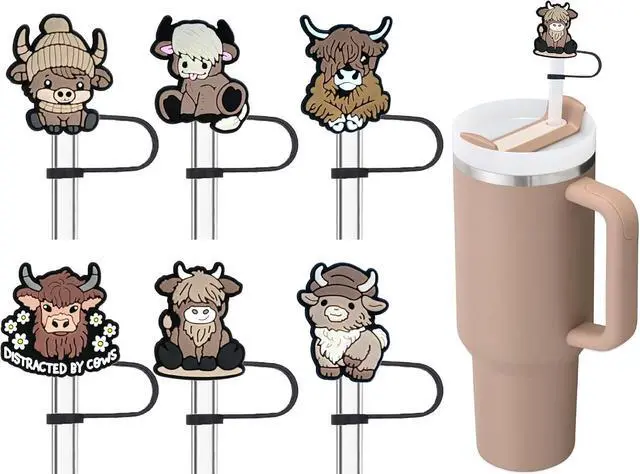 Main image of Highland Cow Straw Toppers for Stanley Cup - fit 30 40 Oz Tumblers | 6PCs Fluffy Cow Silicone Straw Covers Almond Rose 10mm Straws Accessories Caps Gifts for Highland Cow Lovers Women Girls