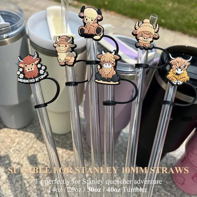 Alt view image 2 of 7 - Highland Cow Straw Toppers for Stanley Cup - fit 30 40 Oz Tumblers | 6PCs Fluffy Cow Silicone Straw Covers Almond Rose 10mm Straws Accessories Caps Gifts for Highland Cow Lovers Women Girls