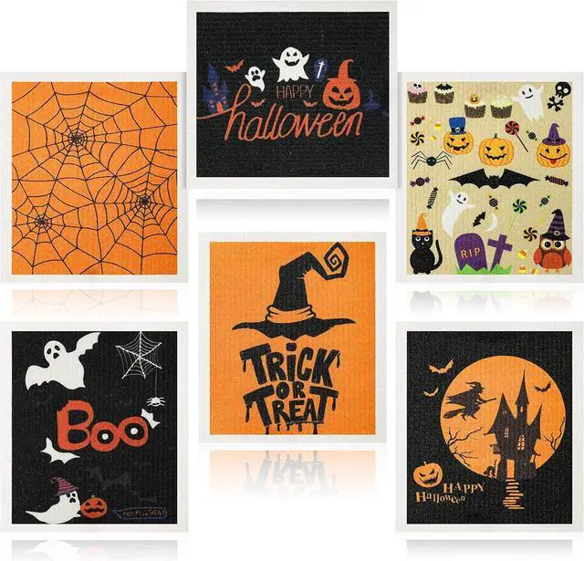 Main image of Honeydak 6 Pcs Halloween Swedish Dish Towels Ghost Pumpkin Swedish Kitchen Towels Washable Reusable Halloween Dish Cloths Witch Absorbent Fast Drying Cleaning Cloth for Home Party Decor