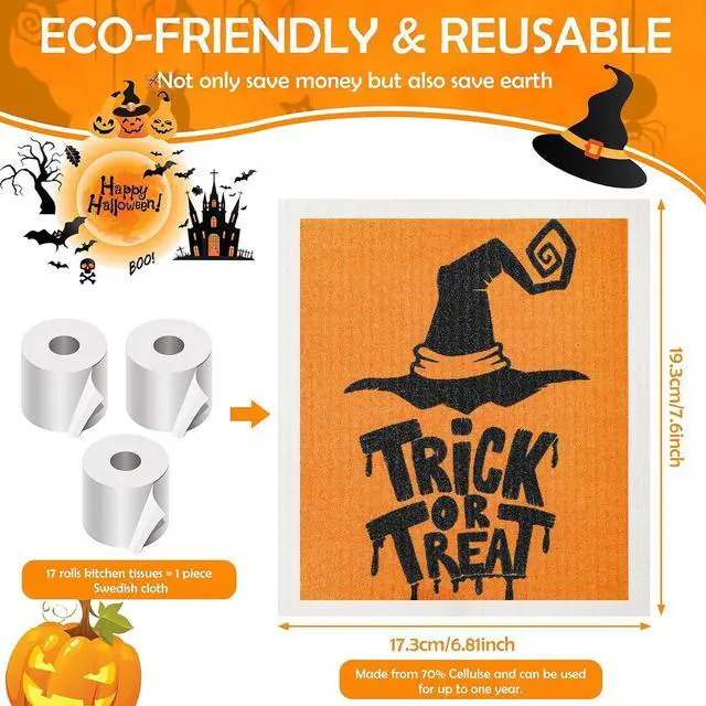Alt view image 2 of 7 - Honeydak 6 Pcs Halloween Swedish Dish Towels Ghost Pumpkin Swedish Kitchen Towels Washable Reusable Halloween Dish Cloths Witch Absorbent Fast Drying Cleaning Cloth for Home Party Decor