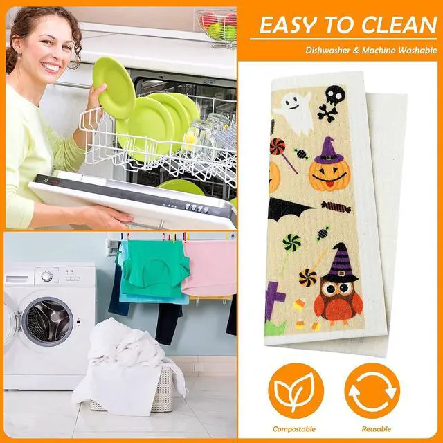Alt view image 4 of 7 - Honeydak 6 Pcs Halloween Swedish Dish Towels Ghost Pumpkin Swedish Kitchen Towels Washable Reusable Halloween Dish Cloths Witch Absorbent Fast Drying Cleaning Cloth for Home Party Decor