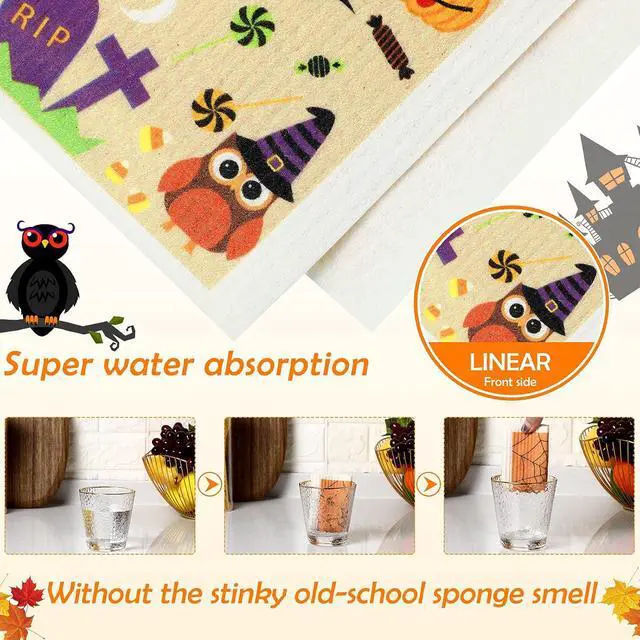 Alt view image 5 of 7 - Honeydak 6 Pcs Halloween Swedish Dish Towels Ghost Pumpkin Swedish Kitchen Towels Washable Reusable Halloween Dish Cloths Witch Absorbent Fast Drying Cleaning Cloth for Home Party Decor