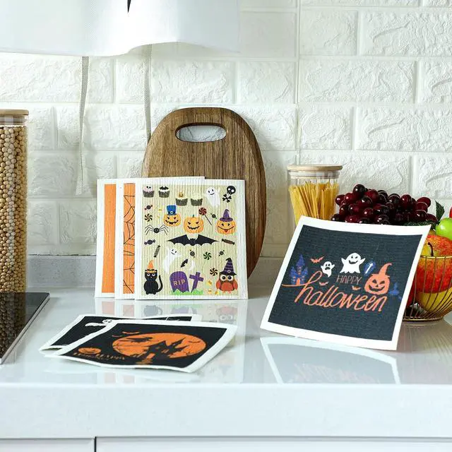 Alt view image 6 of 7 - Honeydak 6 Pcs Halloween Swedish Dish Towels Ghost Pumpkin Swedish Kitchen Towels Washable Reusable Halloween Dish Cloths Witch Absorbent Fast Drying Cleaning Cloth for Home Party Decor