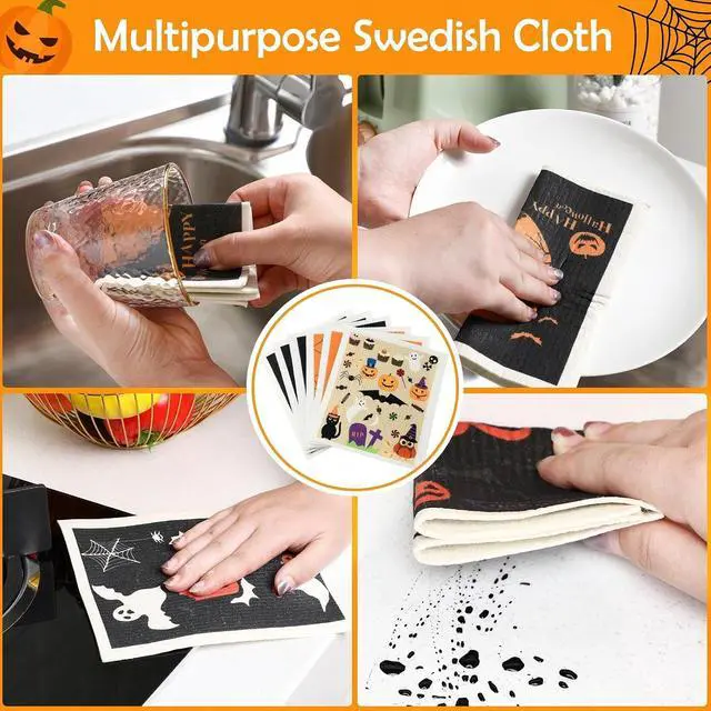 Alt view image 7 of 7 - Honeydak 6 Pcs Halloween Swedish Dish Towels Ghost Pumpkin Swedish Kitchen Towels Washable Reusable Halloween Dish Cloths Witch Absorbent Fast Drying Cleaning Cloth for Home Party Decor