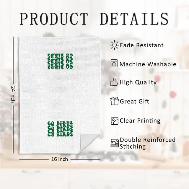 Alt view image 7 of 7 - Kelly Green Go Birds Football Kitchen Towels, Football Lover Player Fan Gifts Decorative Hand Tea Towels for Bathroom, Sport Fan Gifts Dish Towel Dishcloth, 16x24 Inch