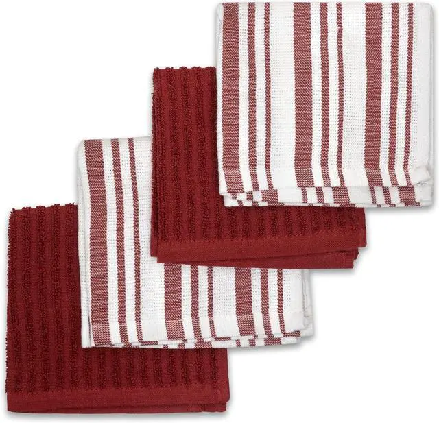 Main image of Frigidaire Claire 100% Cotton Dish Clothes,12" x 12", Solid and Stripe Print, Machine Washable, Red,4-Pack