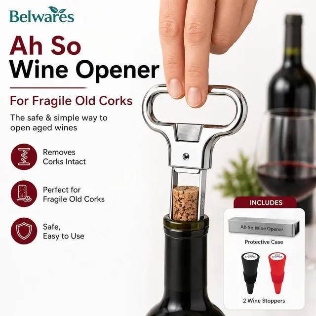 Alt view image 2 of 7 - Belwares Ah So Wine Opener Cork Puller, Wine Bottle Opener for Old Corks | Stainless Steel Wine Tool and Cork Opener for Wine Bottles, 2 Bonus Silicone Stoppers, No Twisting or Drilling