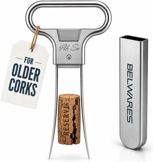 Main image of Belwares Ah So Wine Opener Cork Puller, Wine Bottle Opener for Old Corks | Stainless Steel Wine Tool and Cork Opener for Wine Bottles, 2 Bonus Silicone Stoppers, No Twisting or Drilling