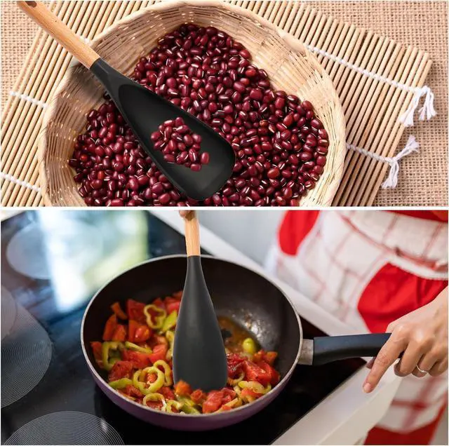 Alt view image 2 of 7 - Silicone Cooking Spoon for Nonstick Cookware - Wooden Handle Kitchen Spoon for Mixing, Flipping, Scraping & Serving - Heat-Resistant Spatula for Baking, Stirring (11.4'' Black 1-Pcs)