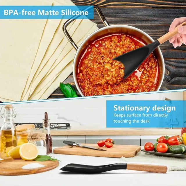 Alt view image 4 of 7 - Silicone Cooking Spoon for Nonstick Cookware - Wooden Handle Kitchen Spoon for Mixing, Flipping, Scraping & Serving - Heat-Resistant Spatula for Baking, Stirring (11.4'' Black 1-Pcs)