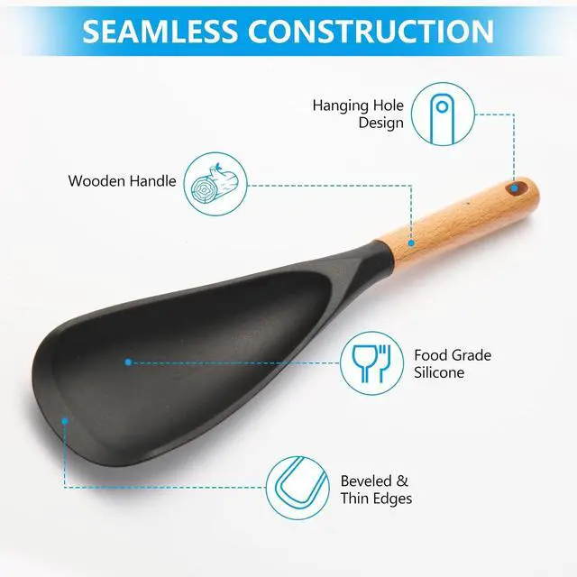 Alt view image 5 of 7 - Silicone Cooking Spoon for Nonstick Cookware - Wooden Handle Kitchen Spoon for Mixing, Flipping, Scraping & Serving - Heat-Resistant Spatula for Baking, Stirring (11.4'' Black 1-Pcs)