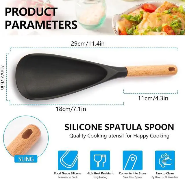 Alt view image 6 of 7 - Silicone Cooking Spoon for Nonstick Cookware - Wooden Handle Kitchen Spoon for Mixing, Flipping, Scraping & Serving - Heat-Resistant Spatula for Baking, Stirring (11.4'' Black 1-Pcs)