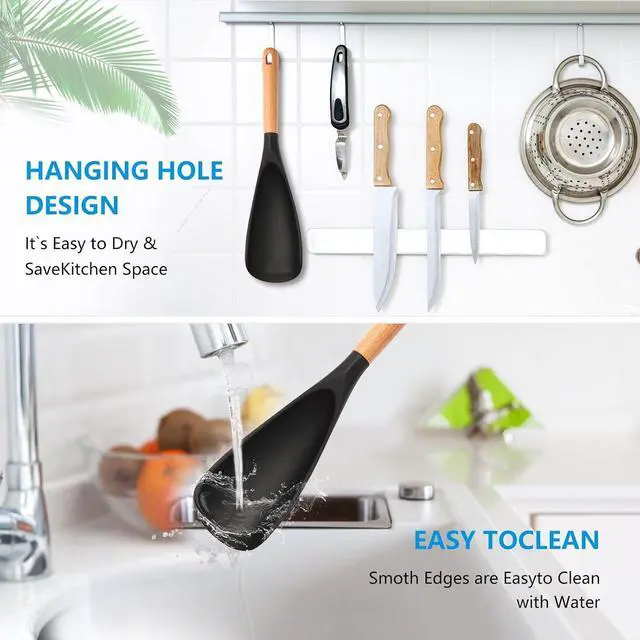 Alt view image 7 of 7 - Silicone Cooking Spoon for Nonstick Cookware - Wooden Handle Kitchen Spoon for Mixing, Flipping, Scraping & Serving - Heat-Resistant Spatula for Baking, Stirring (11.4'' Black 1-Pcs)